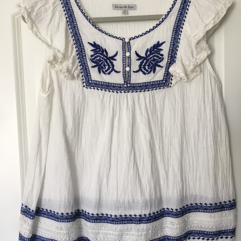 Fiesta inspired top in white and royal blue